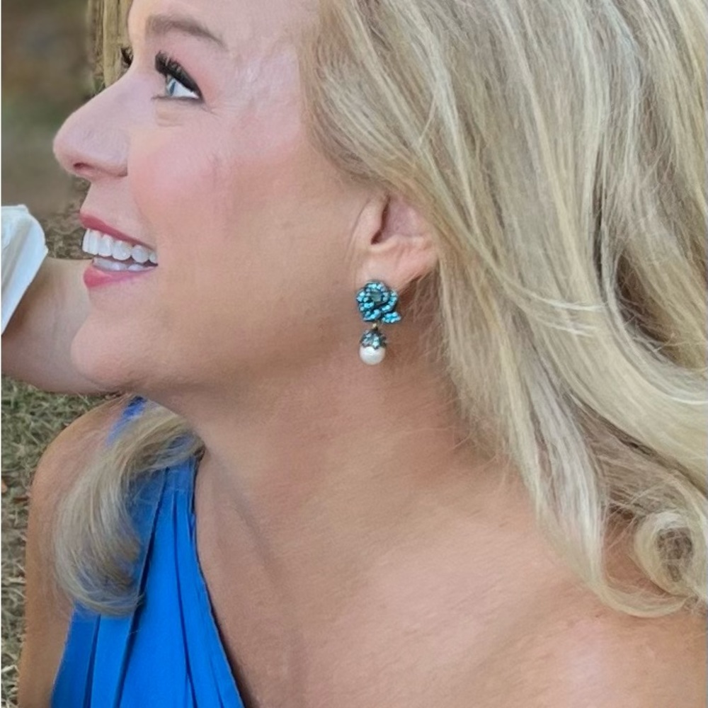 Heidi Daus Blue Topaz Swarovski Crystal Rosebud Drop Earrings with White Pearls